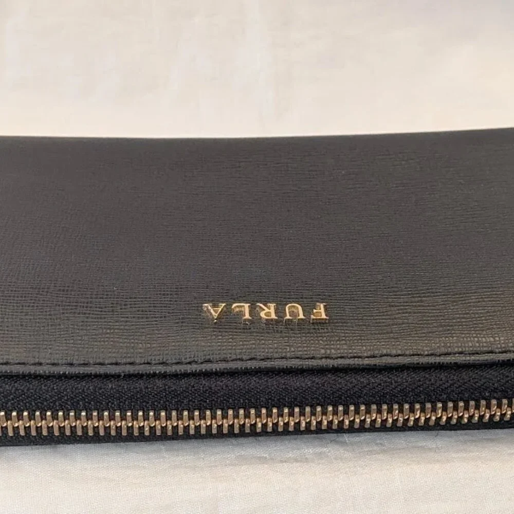 FURLA Saffiano Leather Zip Around Long Wallet Black Gold Logo Women's Italy EUC - Picture 2 of 15